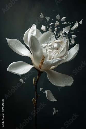 Exploding Magnolia Blossom: White Petals in Motion on Dark Background