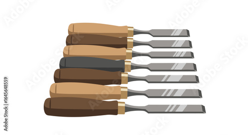 Set of wood carving chisels with wooden handles in flat style