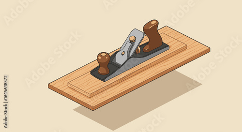 Isometric carpenter's plane tool on wooden surface with shadow
