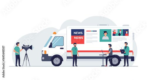 Mobile broadcasting van with crew preparing for live news coverage