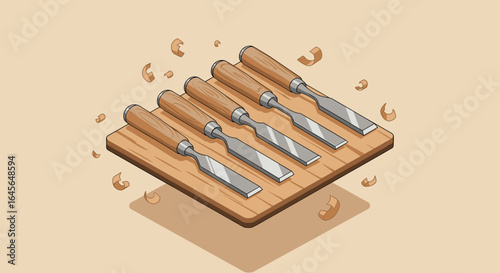 Set of wood carving chisels with wooden handles and shavings on wooden block in isometric style
