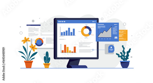 Modern data visualization dashboard with analytical charts and graphs in a professional workspace