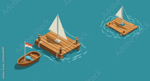 Isometric raft and boat design in tranquil waters with minimalistic style