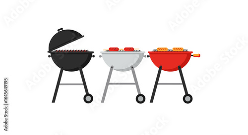Colorful grills with skewers on white background