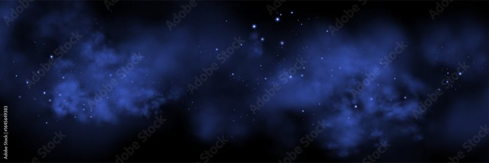 Obraz premium Blue space realistic nebula smoke background. Abstract fog texture and shining stars. Magic colorful galaxy with stardust. Abstract vector illustration
