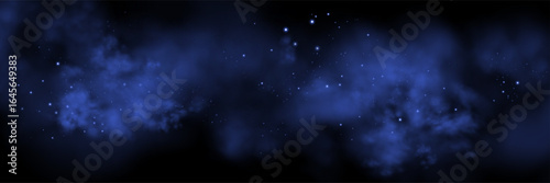 Blue space realistic nebula smoke background. Abstract fog texture and shining stars. Magic colorful galaxy with stardust. Abstract vector illustration
