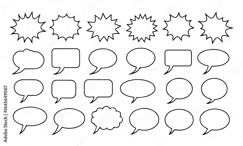 Fototapeta premium Comic burst, speech bubble, and text box silhouettes in vector style. essential graphic elements set for comic design, pop art, dialog highlights, and creative retro style storytelling