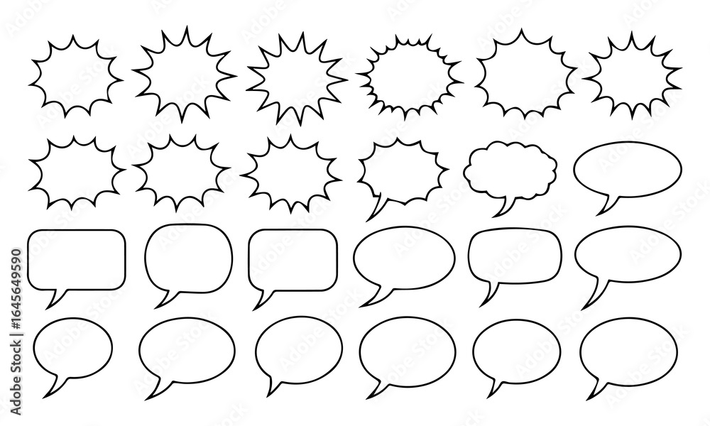 Obraz premium Comic burst, speech bubble, and text box silhouettes in vector style. essential graphic elements set for comic design, pop art, dialog highlights, and creative retro style storytelling