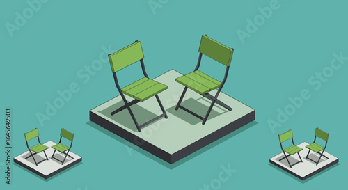 Isometric modern green chairs on platforms with minimalist design