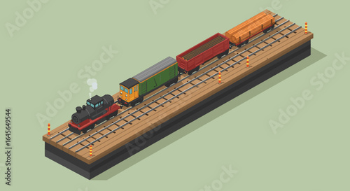 Vintage train on isometric platform with rail cars and wooden track details