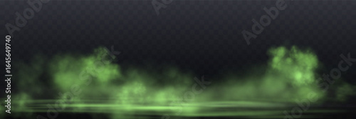 Realistic green smoke or haze, overlay effect on a transparent background. Hot fire and flame, magic fog, vapor on floor. Abstract vector illustration
