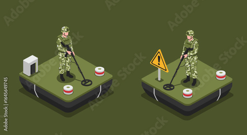 Isometric soldier with metal detector on platform and warning sign