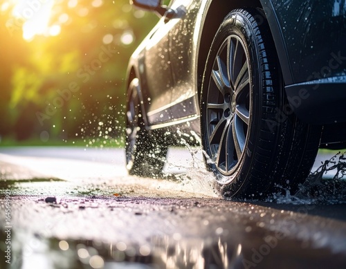 Tire Rolling on a Wet Road, Water Splash in Slow Motion