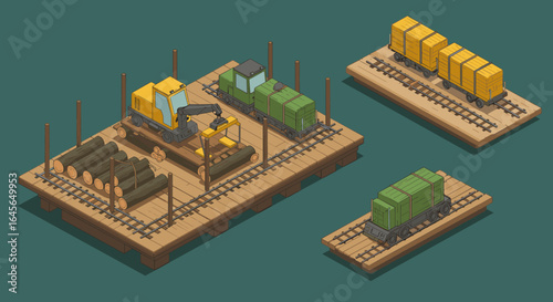 Isometric train yard with logging equipment and freight railcars on tracks