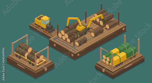 Isometric logging transport platforms with timber cargo and machinery on water