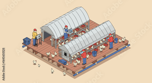 Isometric chicken farm on floating platform with workers and chickens