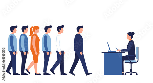 Group of job seekers in line for interview with hr sitting at desk