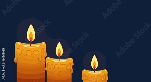 Glowing candles on dark background with melting wax effect