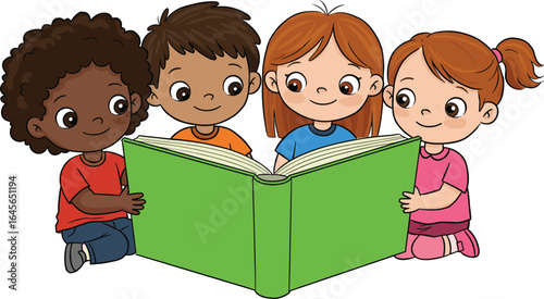 Happy diverse kids reading big green book together, early childhood education, learning, friendship, teamwork, multicultural children, school, knowledge sharing