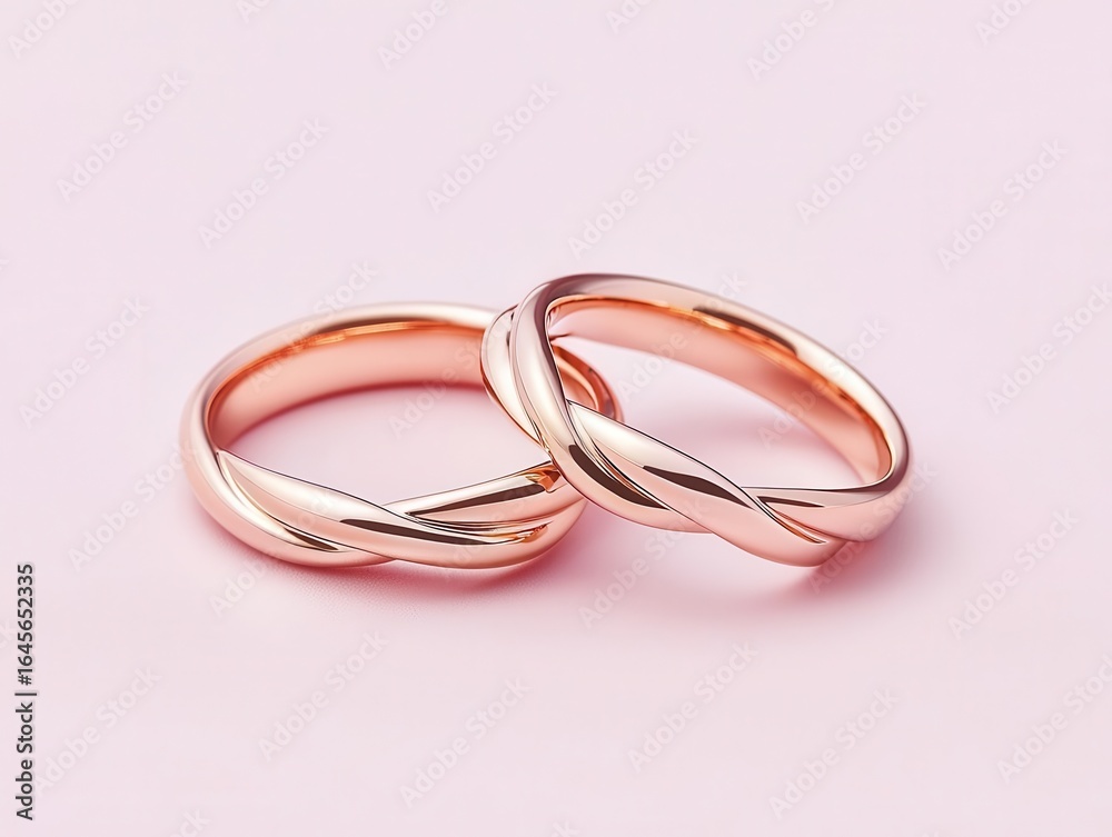 Fototapeta premium Matching rose gold wedding bands with twisted designs, isolated on a soft blush pink surface