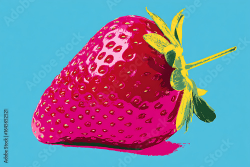 Vibrant strawberry illustration with bold colors against a bright blue background