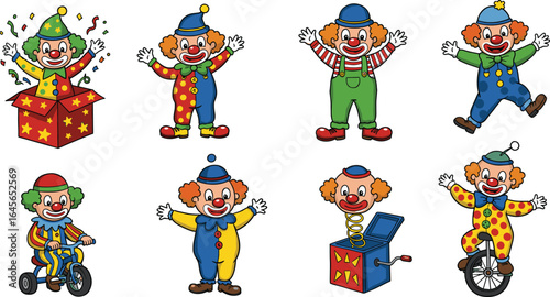 Set of Funny Cartoon Clowns Performing Tricks, Entertaining Circus Characters with Costumes and Props, Isolated on White Background Illustration