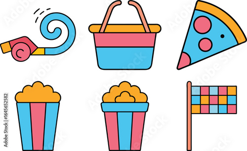 Celebration Icons Set for Parties and Events Fun and Colorful Elements Including Noise Maker Basket Pizza Popcorn and Checkered Flag Perfect for Birthday Parties and Celebrations
