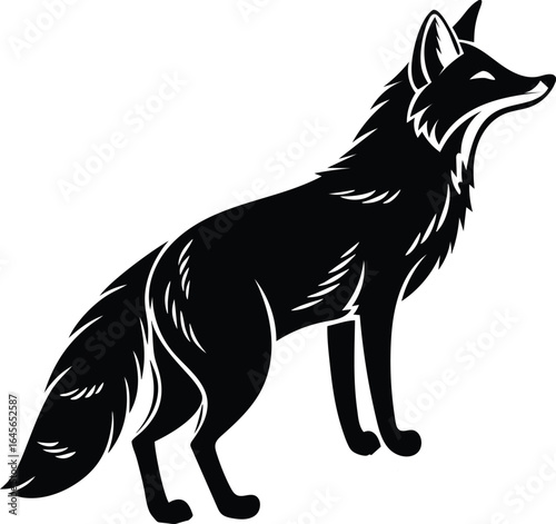 Black fox silhouette with stylized fur and alert posture vector icon