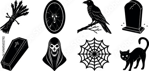 Halloween vector silhouette set with spooky icons and elements. Collection of halloween vectors