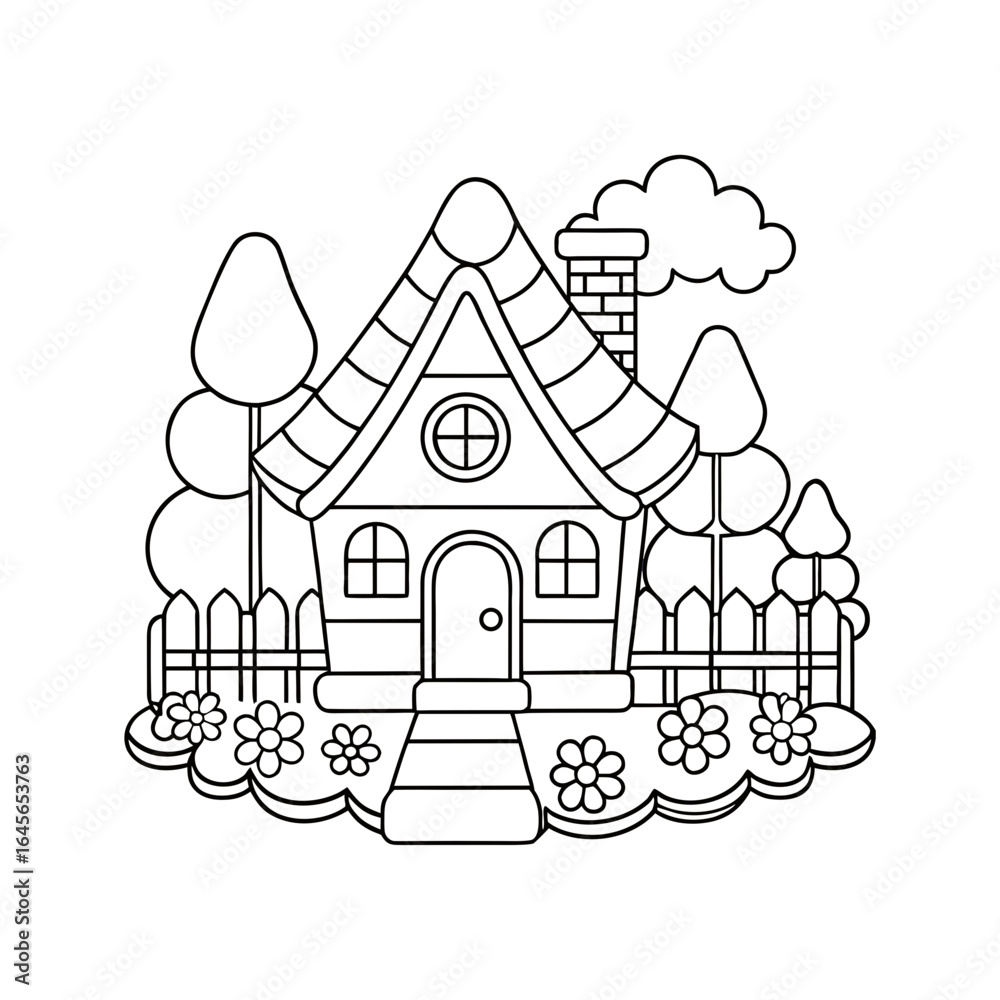 Fototapeta premium Vector art of whimsical line art drawing of a fairy tale cottage with garden, isolated on white background