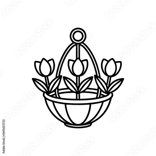 Vector art of hanging basket with three tulip flowers isolated on white background