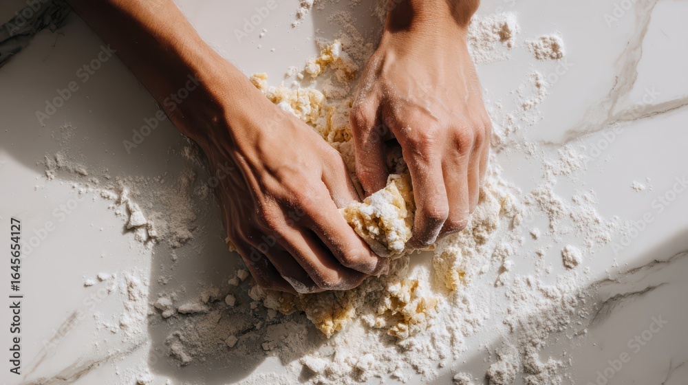 Fototapeta premium Hands kneading dough on a light surface.