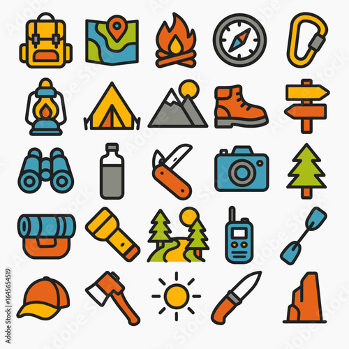Camping gear icons display equipment outdoors flat design