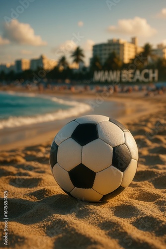 Soccer Ball on Miami Beach with Palm Trees and sand