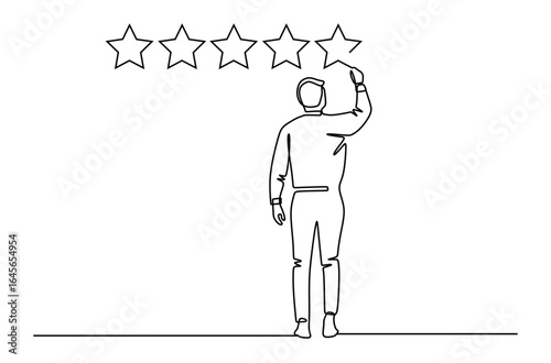 Continuous line art of a man in a business suit drawing five stars. Concept of business success. Increase skills and income.
