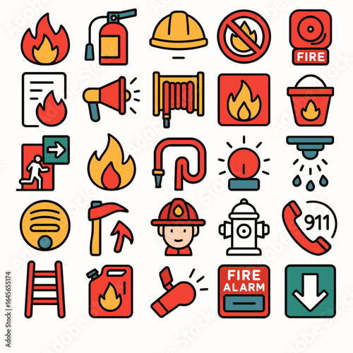 Firefighting equipment icons depict safety measures grid