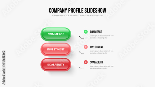 Project Review Presentation Template Vector Illustration. Visual Launch Three Element Diagram Slideshow Layout. Corporate Showcase 3 Option Infographic Frame Design.