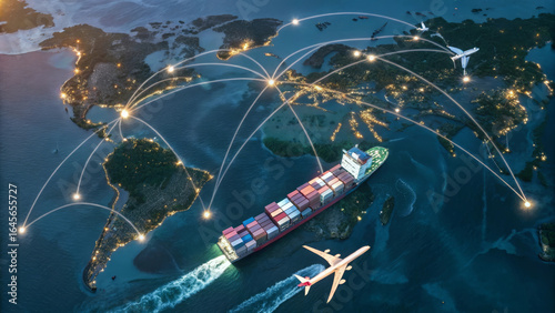 Interconnected cargo ships airplane world map global logistics international shipping transportation network trade supply chain export import illuminated night