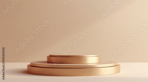 A Tiered Gold Podium - A 3D render of a tiered golden cylindrical podium in a simple peach-colored room, for a clean product display or awards