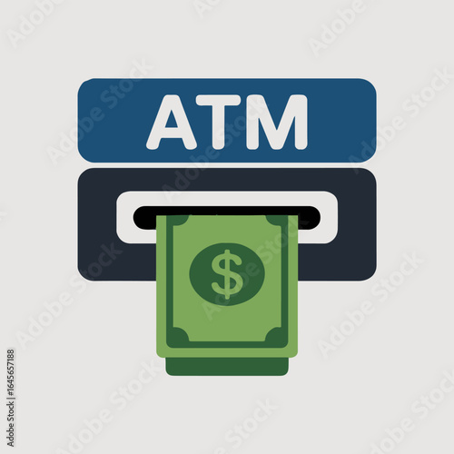 Illustration of an atm machine with money being dispensed showing a dollar sign on the currency stack