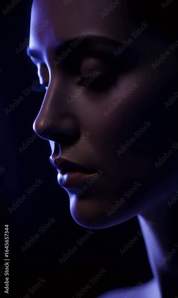 Close-up profile of a woman, illuminated by a cool blue light.
Close-up profile of a woman, illuminated by a cool blue light.