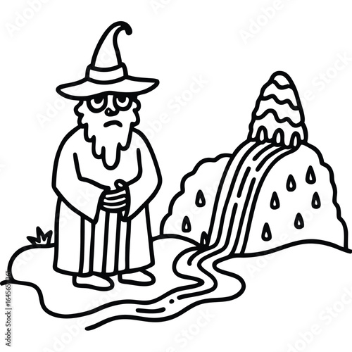 Mysterious Wizard Standing By A Flowing Waterfall in A Lush Green Landscape