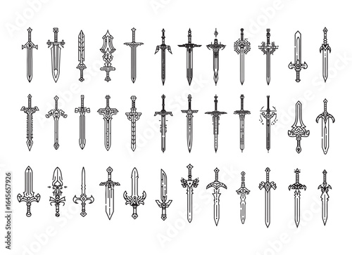 Set of Sword Icons in Black Silhouette Style for Medieval and Fantasy Designs on a white background