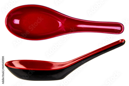 Photography red melamine spoon, ramen spoon, asian soup spoon isolated on transparent background