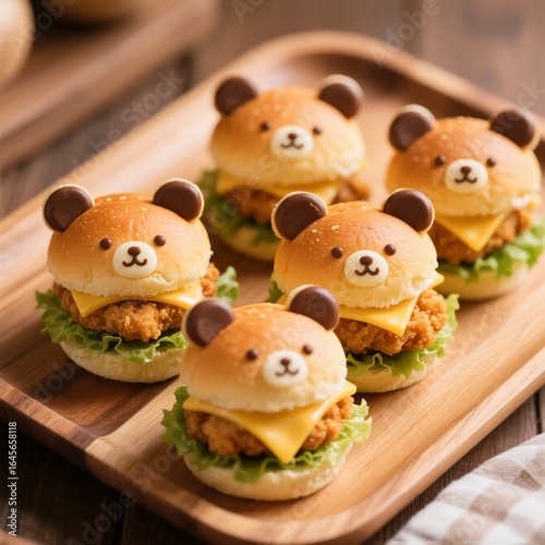Kawaii Bear Face Chicken Burgers with Lettuce and Cheese