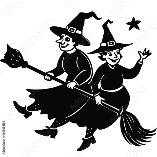 Two witches flying on a broomstick under a star on Halloween night