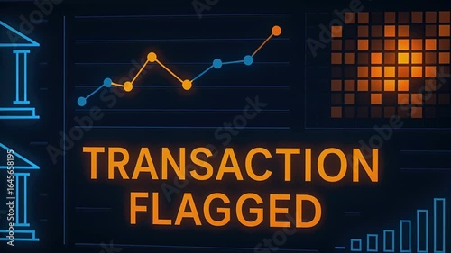 Transaction flagged alert on digital financial interface with graphs and bank icons showing suspicious activity monitoring and security for fraud detection in banking system