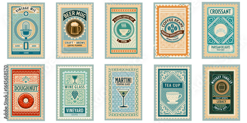 Vintage-style icons and symbols related to cafes and bars, on a retro stamp