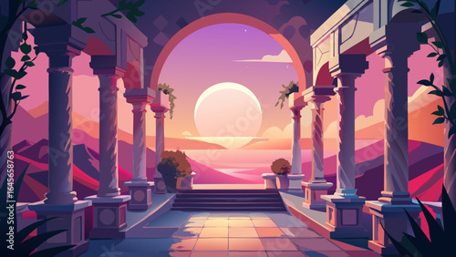 Arched colonnade framing a sunset over water scene