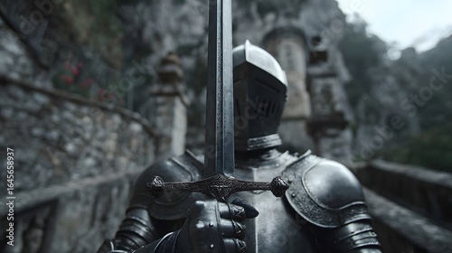 A medieval warrior in full plate armor, holding a long sword.